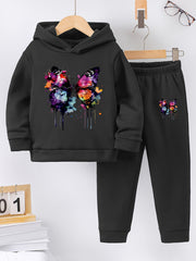 2pcs Butterfly Graphic Tie Dye Hoodies + Elastic Waist Jogger Pants Set for Girls Outdoor Sports