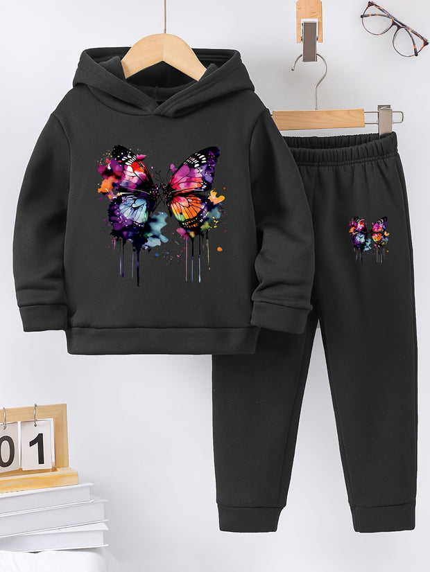 2pcs Butterfly Graphic Tie Dye Hoodies + Elastic Waist Jogger Pants Set for Girls Outdoor Sports