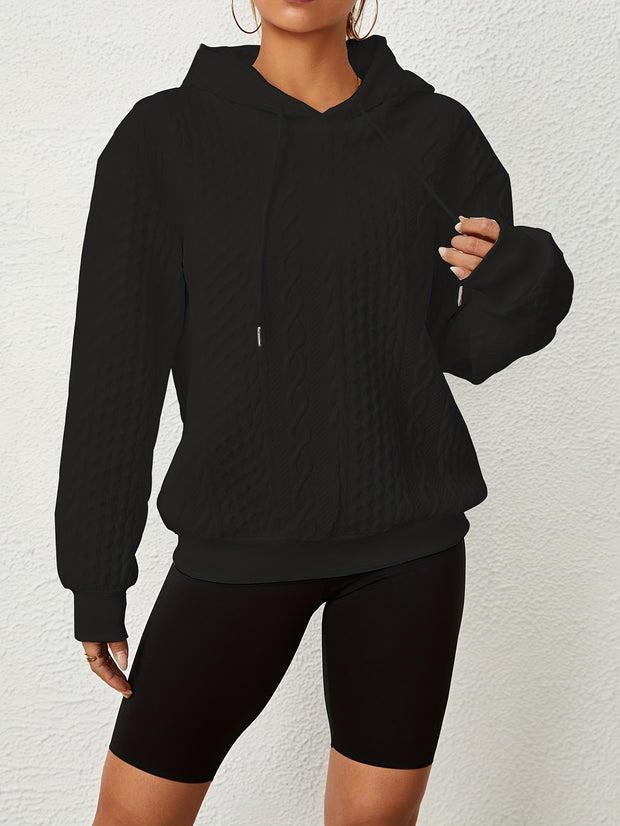 Solid Textured Drawstring Hoodies, Casual Long Sleeve Versatile Sweatshirt, Women's Clothing