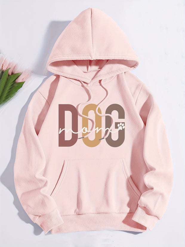 Dog Mom Print Hoodie, Casual Kangaroo Pocket Drawstring Hoodies Sweatshirt, Women's Clothing