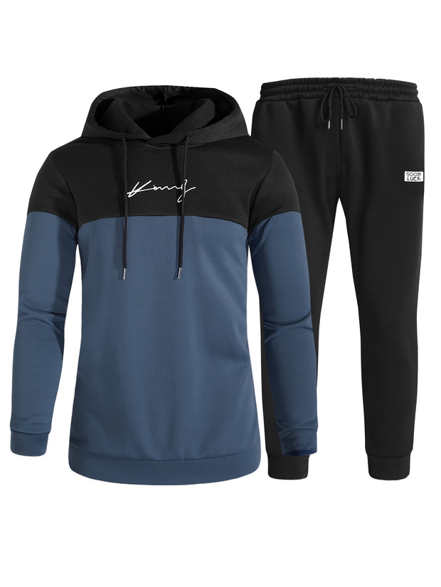 2Pcs Men's Color Block Casual Hoodies Long Sleeve Pullover Hooded Sweatshirt And Drawstring Sweatpants Joggers Set For Spring Fall