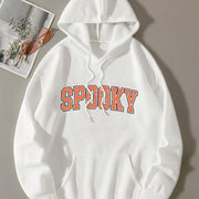 Halloween Spooky Letter Print Hoodie, Cute Drawstring Kangaroo Pocket Hoodies Sweatshirt, Women's Clothing