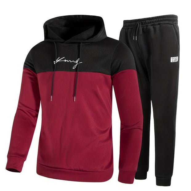 2Pcs Men's Color Block Casual Hoodies Long Sleeve Pullover Hooded Sweatshirt And Drawstring Sweatpants Joggers Set For Spring Fall