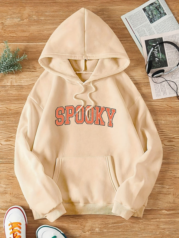 Halloween Spooky Letter Print Hoodie, Cute Drawstring Kangaroo Pocket Hoodies Sweatshirt, Women's Clothing