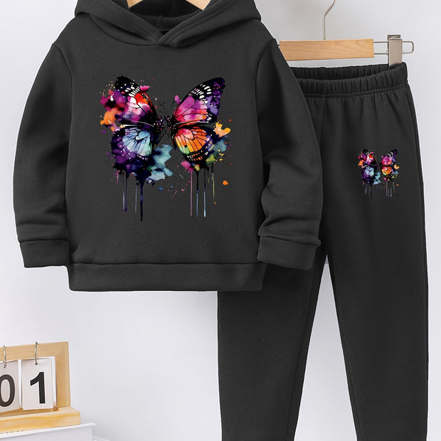 2pcs Butterfly Graphic Tie Dye Hoodies + Elastic Waist Jogger Pants Set for Girls Outdoor Sports