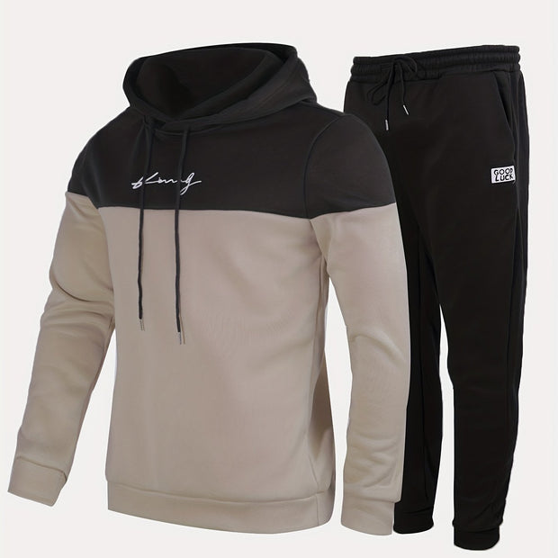 2Pcs Men's Color Block Casual Hoodies Long Sleeve Pullover Hooded Sweatshirt And Drawstring Sweatpants Joggers Set For Spring Fall