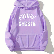 Cute Ghost & Letter Print Hoodie, Versatile Drawstring Kangaroo Pocket Hoodies Sweatshirt, Women's Clothing