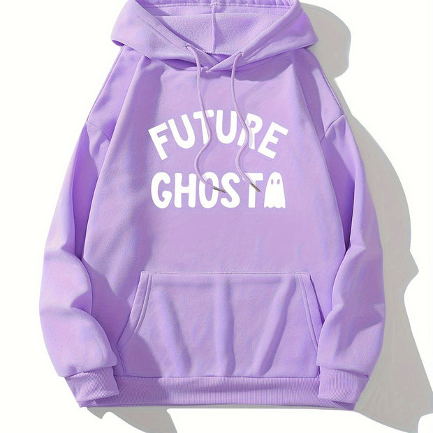 Cute Ghost & Letter Print Hoodie, Versatile Drawstring Kangaroo Pocket Hoodies Sweatshirt, Women's Clothing