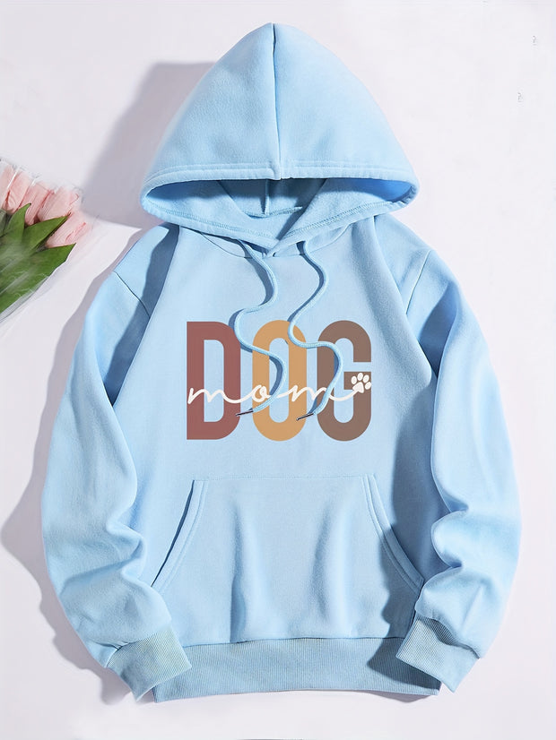 Dog Mom Print Hoodie, Casual Kangaroo Pocket Drawstring Hoodies Sweatshirt, Women's Clothing