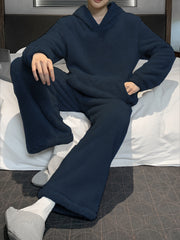 Long Sleeve Warm Flannel Men's Simple Style Solid Casual Pajamas Sets, Hoodies Pullover Top & Loose Pants