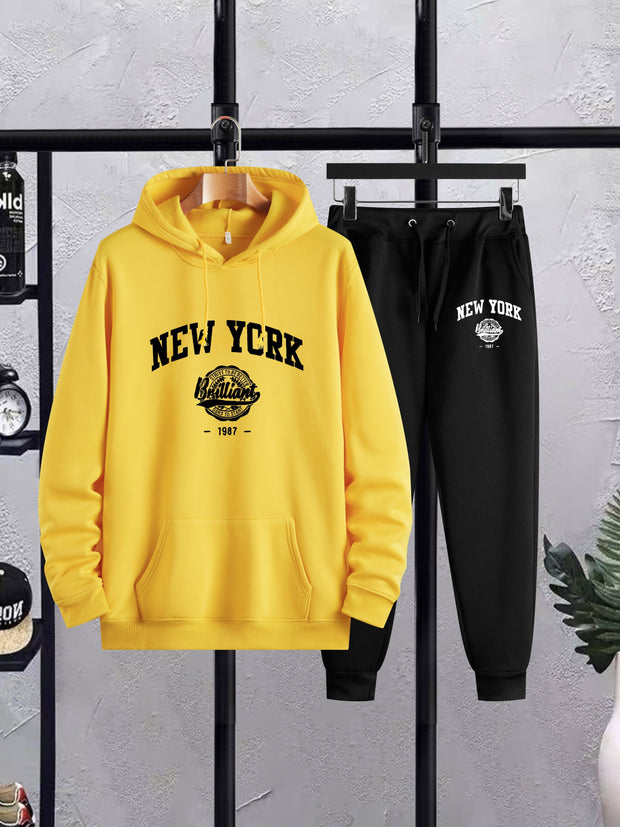 2Pcs New York Print Casual Outfit - Soft Hoodies Long Sleeve Pullover Hooded Sweatshirt and Drawstring Sweatpants Joggers Set for Spring Fall - Men's Comfortable Clothing for Daily Wear