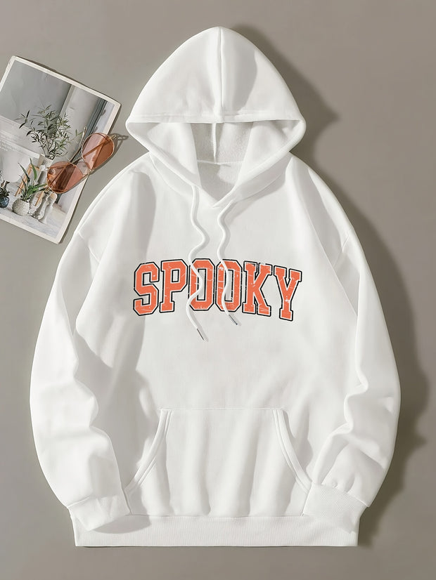 Halloween Spooky Letter Print Hoodie, Cute Drawstring Kangaroo Pocket Hoodies Sweatshirt, Women's Clothing