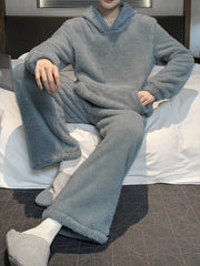 Long Sleeve Warm Flannel Men's Simple Style Solid Casual Pajamas Sets, Hoodies Pullover Top & Loose Pants