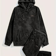 2-Piece Fluffy Men's Outfit Set: Casual Hooded Sweatshirt & Sweatpants Joggers for Winter Fall - Long Sleeve Pullover Hoodie and Soft Fleece Pants