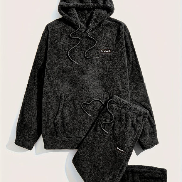 2-Piece Fluffy Men's Outfit Set: Casual Hooded Sweatshirt & Sweatpants Joggers for Winter Fall - Long Sleeve Pullover Hoodie and Soft Fleece Pants