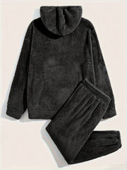 2-Piece Fluffy Men's Outfit Set: Casual Hooded Sweatshirt & Sweatpants Joggers for Winter Fall - Long Sleeve Pullover Hoodie and Soft Fleece Pants
