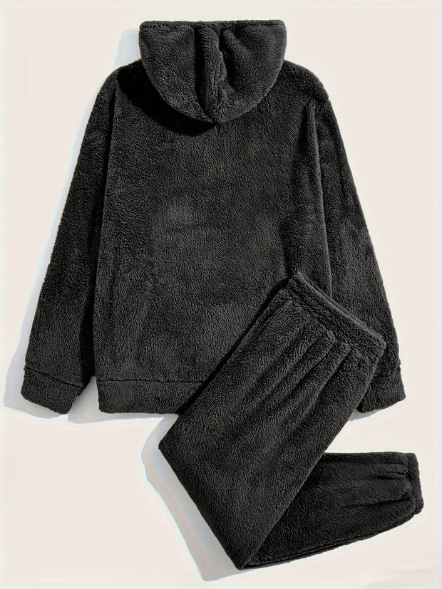 2-Piece Fluffy Men's Outfit Set: Casual Hooded Sweatshirt & Sweatpants Joggers for Winter Fall - Long Sleeve Pullover Hoodie and Soft Fleece Pants