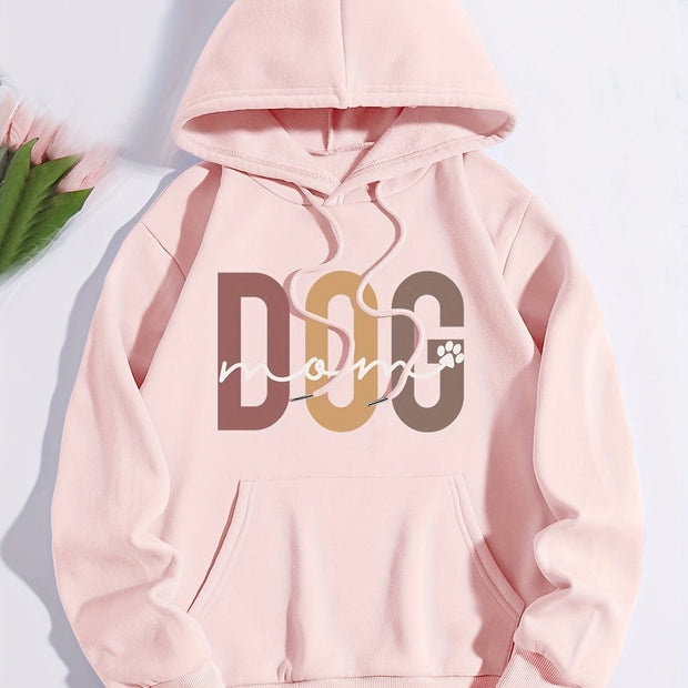 Dog Mom Print Hoodie, Casual Kangaroo Pocket Drawstring Hoodies Sweatshirt, Women's Clothing