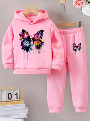 2pcs Butterfly Graphic Tie Dye Hoodies + Elastic Waist Jogger Pants Set for Girls Outdoor Sports