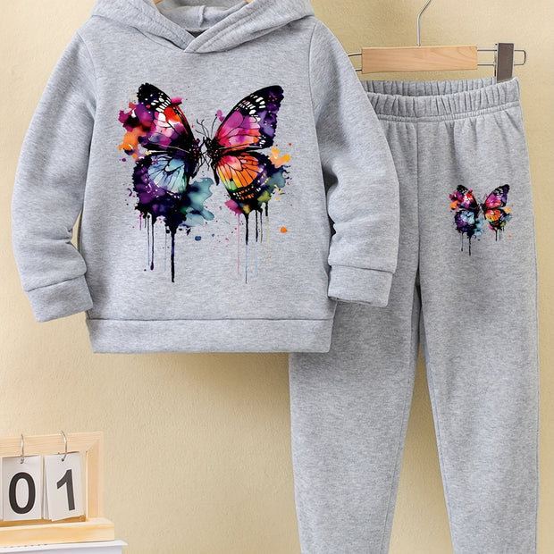 2pcs Butterfly Graphic Tie Dye Hoodies + Elastic Waist Jogger Pants Set for Girls Outdoor Sports