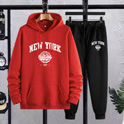 2Pcs New York Print Casual Outfit - Soft Hoodies Long Sleeve Pullover Hooded Sweatshirt and Drawstring Sweatpants Joggers Set for Spring Fall - Men's Comfortable Clothing for Daily Wear