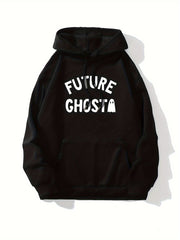 Cute Ghost & Letter Print Hoodie, Versatile Drawstring Kangaroo Pocket Hoodies Sweatshirt, Women's Clothing