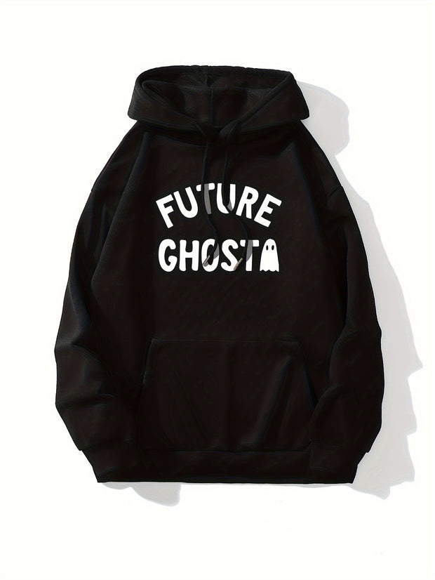 Cute Ghost & Letter Print Hoodie, Versatile Drawstring Kangaroo Pocket Hoodies Sweatshirt, Women's Clothing