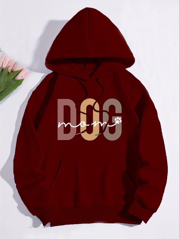 Dog Mom Print Hoodie, Casual Kangaroo Pocket Drawstring Hoodies Sweatshirt, Women's Clothing