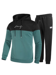 2Pcs Men's Color Block Casual Hoodies Long Sleeve Pullover Hooded Sweatshirt And Drawstring Sweatpants Joggers Set For Spring Fall