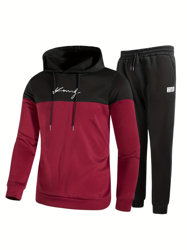 2Pcs Men's Color Block Casual Hoodies Long Sleeve Pullover Hooded Sweatshirt And Drawstring Sweatpants Joggers Set For Spring Fall