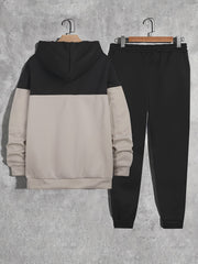 2Pcs Men's Color Block Casual Hoodies Long Sleeve Pullover Hooded Sweatshirt And Drawstring Sweatpants Joggers Set For Spring Fall