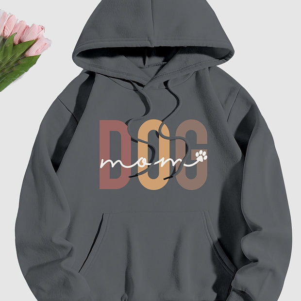 Dog Mom Print Hoodie, Casual Kangaroo Pocket Drawstring Hoodies Sweatshirt, Women's Clothing