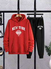 2Pcs New York Print Casual Outfit - Soft Hoodies Long Sleeve Pullover Hooded Sweatshirt and Drawstring Sweatpants Joggers Set for Spring Fall - Men's Comfortable Clothing for Daily Wear
