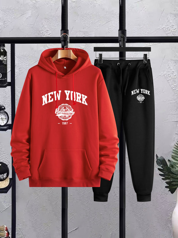 2Pcs New York Print Casual Outfit - Soft Hoodies Long Sleeve Pullover Hooded Sweatshirt and Drawstring Sweatpants Joggers Set for Spring Fall - Men's Comfortable Clothing for Daily Wear