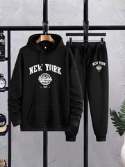 2Pcs New York Print Casual Outfit - Soft Hoodies Long Sleeve Pullover Hooded Sweatshirt and Drawstring Sweatpants Joggers Set for Spring Fall - Men's Comfortable Clothing for Daily Wear