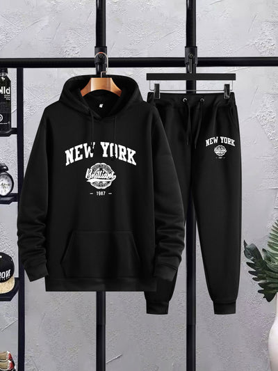 2Pcs New York Print Casual Outfit - Soft Hoodies Long Sleeve Pullover Hooded Sweatshirt and Drawstring Sweatpants Joggers Set for Spring Fall - Men's Comfortable Clothing for Daily Wear