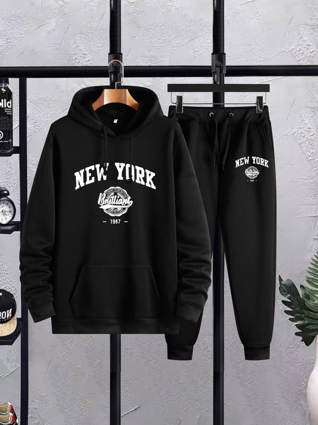 2Pcs New York Print Casual Outfit - Soft Hoodies Long Sleeve Pullover Hooded Sweatshirt and Drawstring Sweatpants Joggers Set for Spring Fall - Men's Comfortable Clothing for Daily Wear