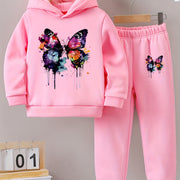 2pcs Butterfly Graphic Tie Dye Hoodies + Elastic Waist Jogger Pants Set for Girls Outdoor Sports