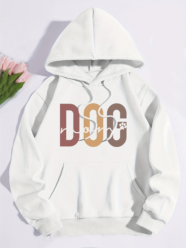 Dog Mom Print Hoodie, Casual Kangaroo Pocket Drawstring Hoodies Sweatshirt, Women's Clothing