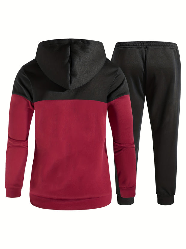 2Pcs Men's Color Block Casual Hoodies Long Sleeve Pullover Hooded Sweatshirt And Drawstring Sweatpants Joggers Set For Spring Fall