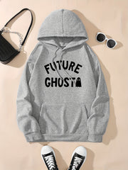 Cute Ghost & Letter Print Hoodie, Versatile Drawstring Kangaroo Pocket Hoodies Sweatshirt, Women's Clothing