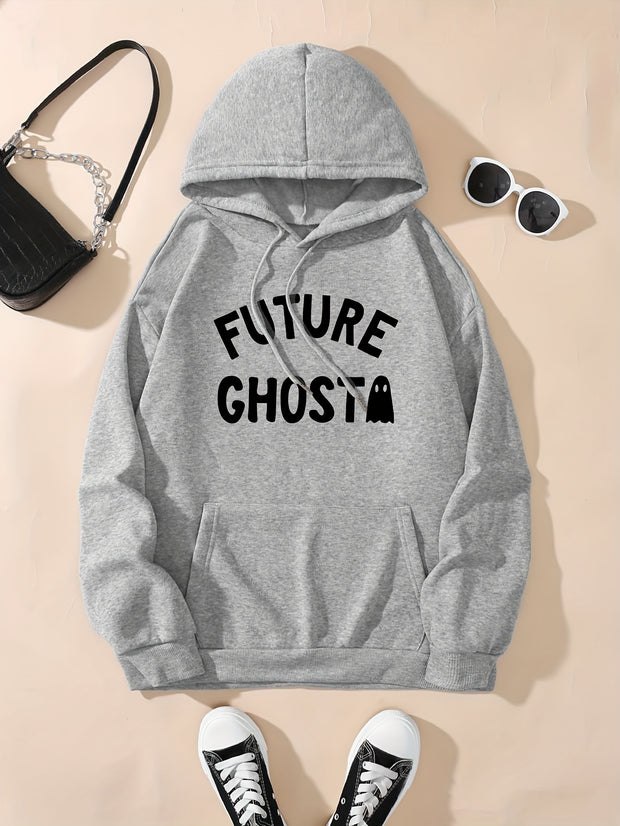 Cute Ghost & Letter Print Hoodie, Versatile Drawstring Kangaroo Pocket Hoodies Sweatshirt, Women's Clothing