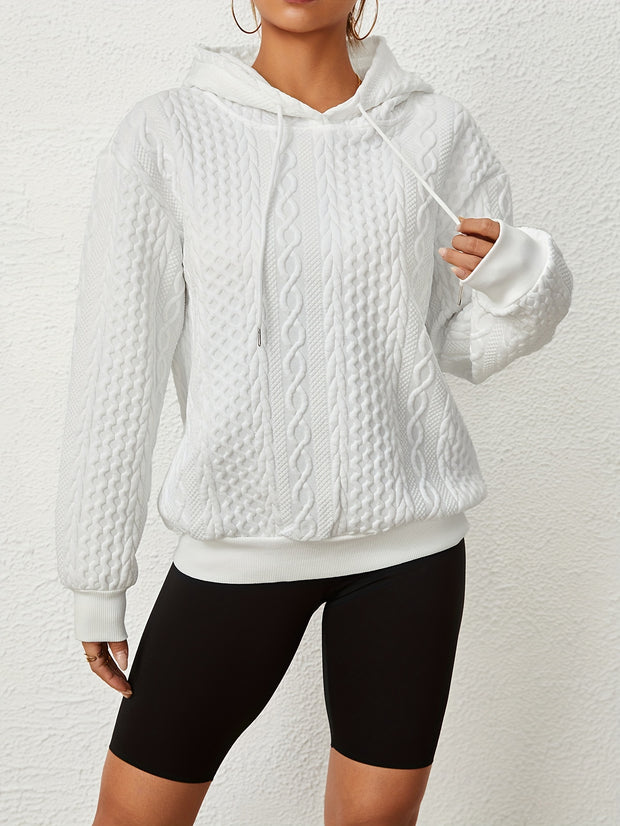 Solid Textured Drawstring Hoodies, Casual Long Sleeve Versatile Sweatshirt, Women's Clothing