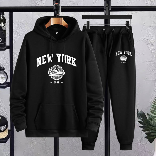2Pcs New York Print Casual Outfit - Soft Hoodies Long Sleeve Pullover Hooded Sweatshirt and Drawstring Sweatpants Joggers Set for Spring Fall - Men's Comfortable Clothing for Daily Wear