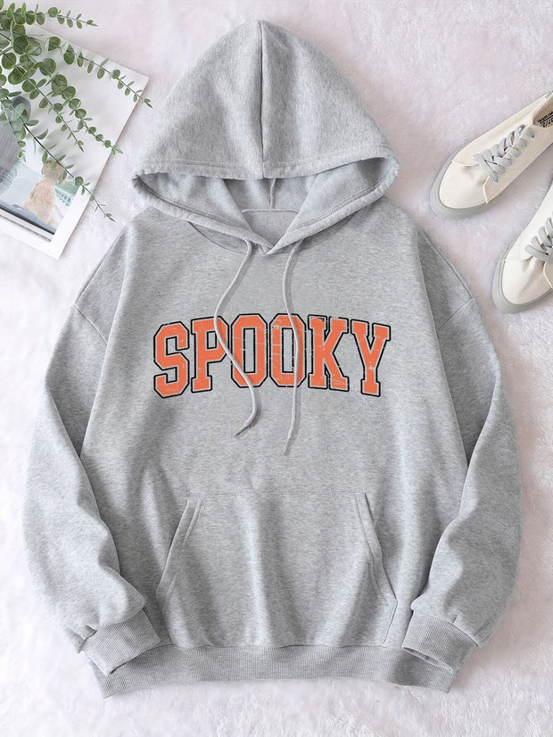 Halloween Spooky Letter Print Hoodie, Cute Drawstring Kangaroo Pocket Hoodies Sweatshirt, Women's Clothing