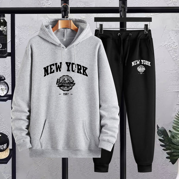 2Pcs New York Print Casual Outfit - Soft Hoodies Long Sleeve Pullover Hooded Sweatshirt and Drawstring Sweatpants Joggers Set for Spring Fall - Men's Comfortable Clothing for Daily Wear