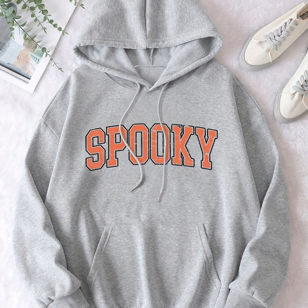 Halloween Spooky Letter Print Hoodie, Cute Drawstring Kangaroo Pocket Hoodies Sweatshirt, Women's Clothing
