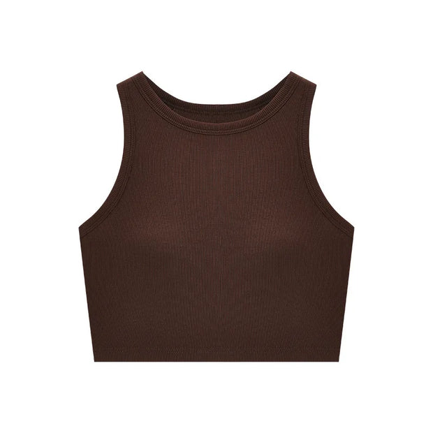 Casual Basic Sleeveless Crop Tops Femme Women Tank Top Round Neck Ribbed Tank Top With Bra