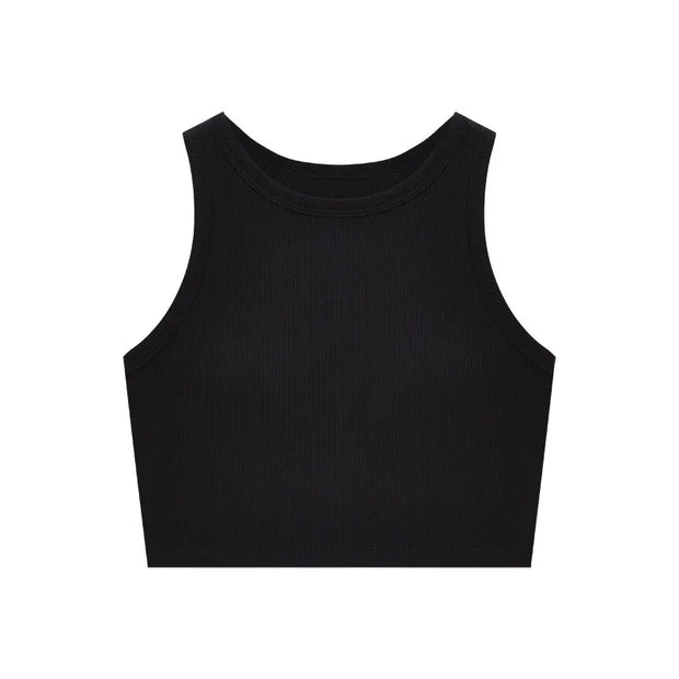 Casual Basic Sleeveless Crop Tops Femme Women Tank Top Round Neck Ribbed Tank Top With Bra