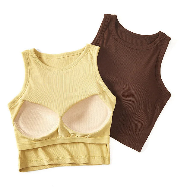 Casual Basic Sleeveless Crop Tops Femme Women Tank Top Round Neck Ribbed Tank Top With Bra